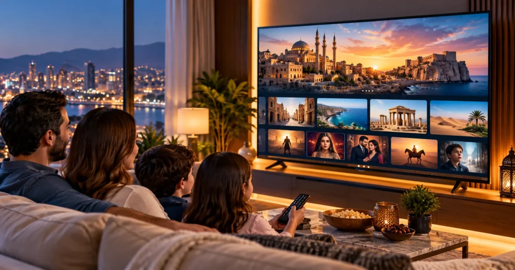 Family watching Arabic IPTV on a Smart TV with Arabic entertainment and streaming content
